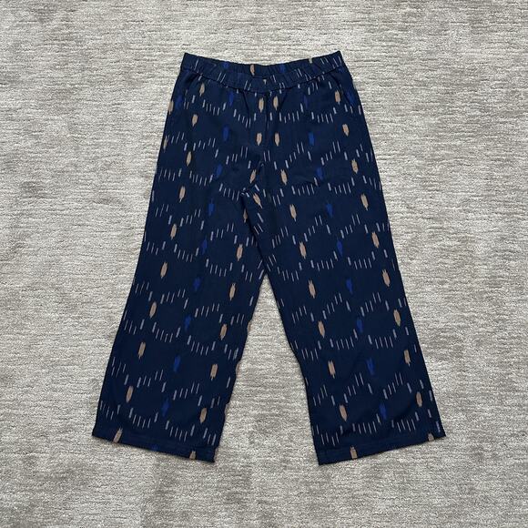 J Jill Pure Jill Elements Pants Womens Medium Navy Ikat Wide Leg Cropped Pull On - Picture 1 of 11